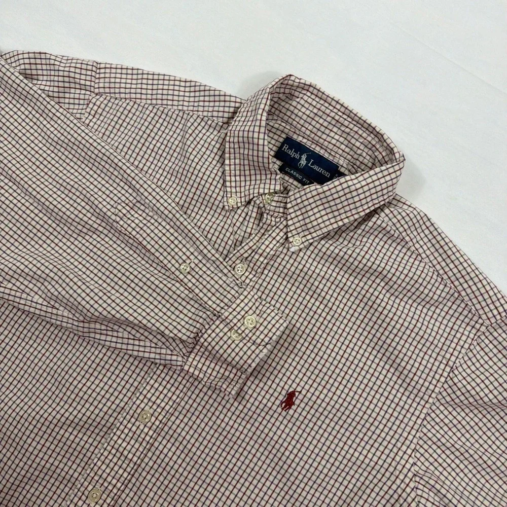 Ralph Lauren Button Down Shirt Classic Fit Cotton Check Large 16.5 L Burgundy‎